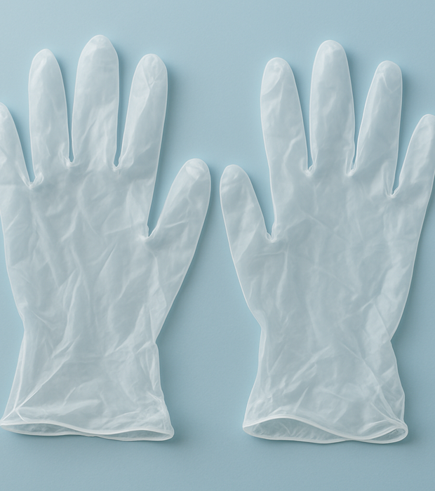 create a pair of clear vinyl disposable gloves laying on a light sky blue background