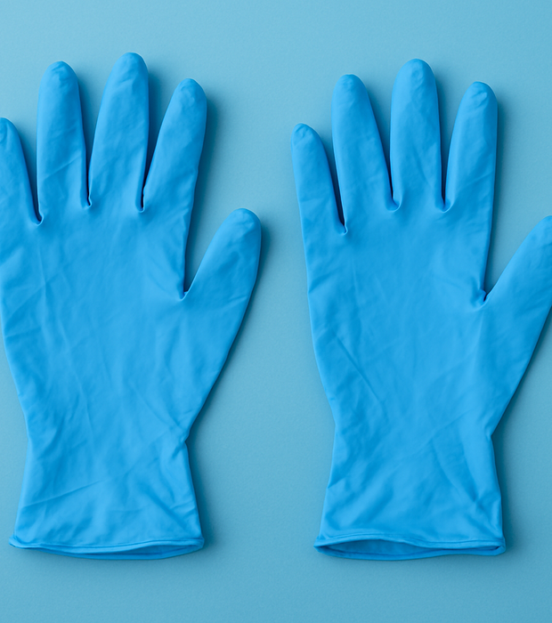 Create image of a pair of disposable nitrile gloves on a sky blue background