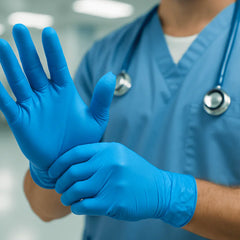 blue nitrile gloves being worn by a doctor in a hospital