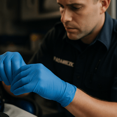 paramedic and ems worker wearing blue nitrile gloves while on the job