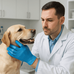 veterinarian examining a dog while wearing blue nitrile gloves