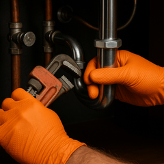 plumber making a repair while wearing disposable orange nitrile gloves by copperhead