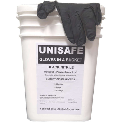 UNISAFE 6 Mil Black Industrial Nitrile Gloves in a Bucket - UNISAFE GLOVES