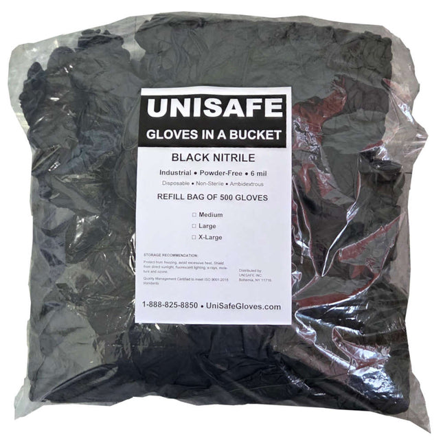 UNISAFE 6 Mil Black Nitrile Gloves in a Bucket - Refill Bag - UNISAFE GLOVES