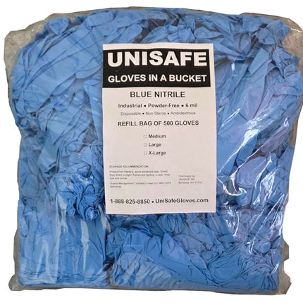 UNISAFE 6 Mil Blue Nitrile Gloves in a Bucket - Refill Bag - UNISAFE GLOVES