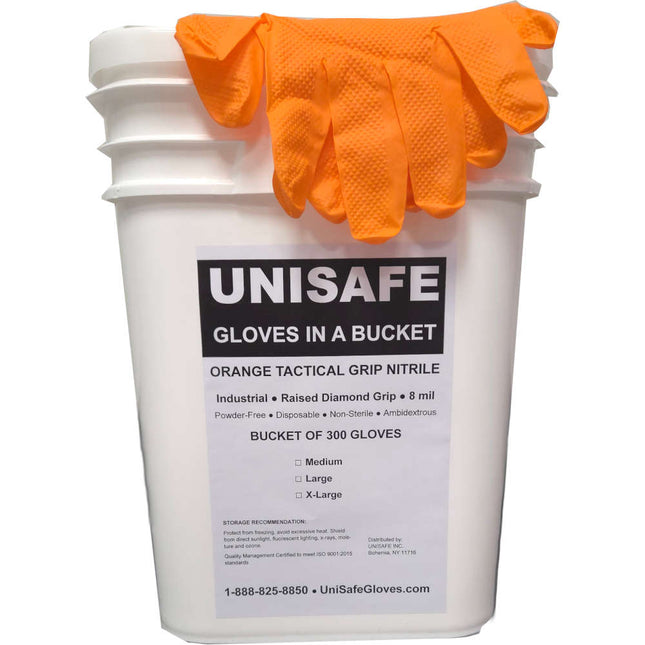UNISAFE 8 Mil Tactical Grip Orange Nitrile Gloves in a Bucket - UNISAFE GLOVES