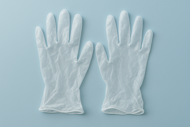 create a pair of clear vinyl disposable gloves laying on a light sky blue background