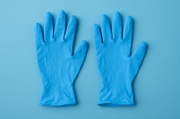 Create image of a pair of disposable nitrile gloves on a sky blue background