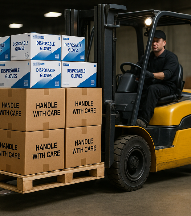Forklift carrying a pallet of disposable gloves in cases