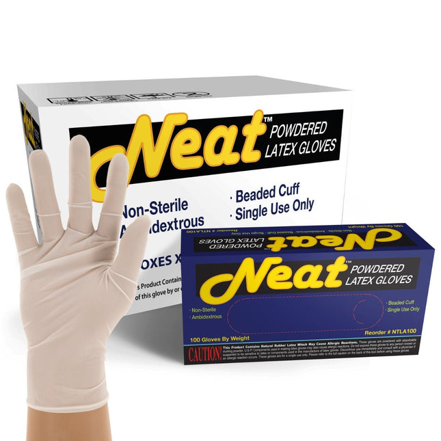 NTLA100S-CS, NTLA100M-CS, NTLA100L-CS. NTLA100XL-CS, Neat Lightly Powdered Industrial Grade Latex Gloves, Case - UNISAFE GLOVES
