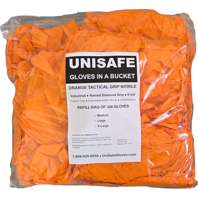 UNISAFE 8 Mil Tactical Grip Orange Nitrile Gloves in a Bucket - Refill Bag - UNISAFE GLOVES