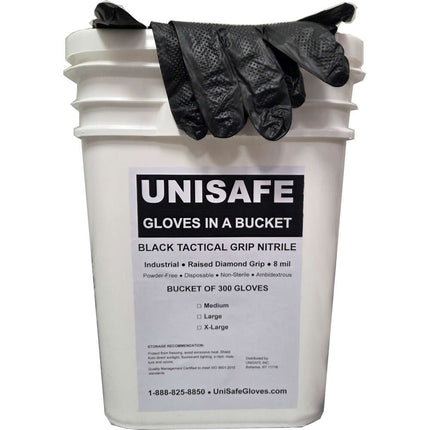 UNISAFE 8 Mil Tactical Grip Black Nitrile Gloves in a Bucket - UNISAFE GLOVES