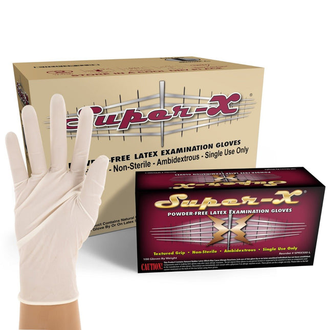 SPRX500S-CS, SPRX500M-CS, SPRX500L-CS, SPRX500XL-CS, Super-X Powder Free Latex Examination Gloves, Case - UNISAFE GLOVES