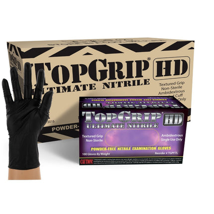 TGPF7S-CS, TGPF7M-CS, TGPF7L-CS, TGPF7XL-CS, TGPF7XXL-CS, TopGrip HD 7 Mil Powder Free Black Nitrile Exam Gloves, Case - UNISAFE GLOVES