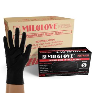 6 MilGlove Powder Free Black Nitrile Gloves, Case, Size Small